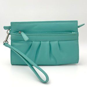 Leather Pleated Clutch Bag Wristlet - Aqua